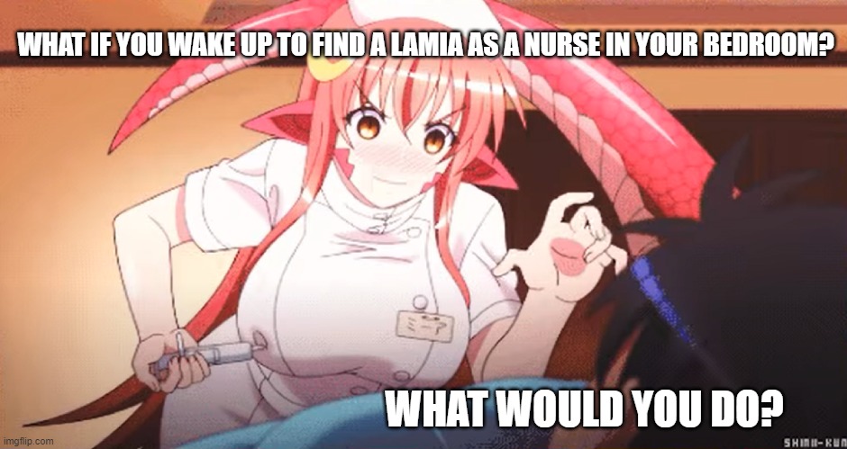 Lamia as a nurse | WHAT IF YOU WAKE UP TO FIND A LAMIA AS A NURSE IN YOUR BEDROOM? WHAT WOULD YOU DO? | image tagged in monsters | made w/ Imgflip meme maker