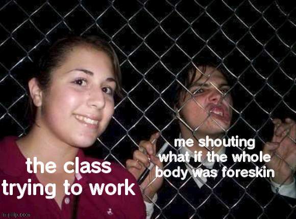 Gerard Way fence | me shouting what if the whole body was foreskin; the class trying to work | image tagged in gerard way fence | made w/ Imgflip meme maker