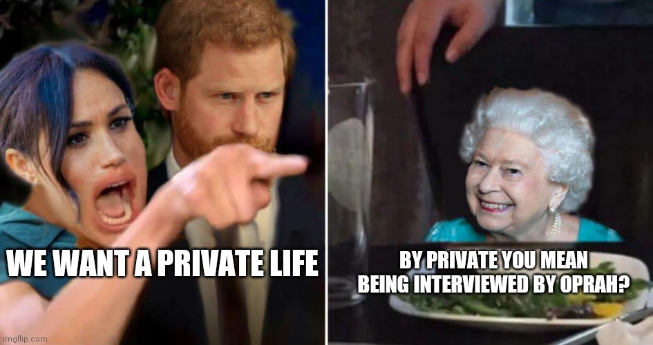 Harry and Megans Private Life | BY PRIVATE YOU MEAN BEING INTERVIEWED BY OPRAH? WE WANT A PRIVATE LIFE | image tagged in harry and megan vs the queen,prince harry | made w/ Imgflip meme maker