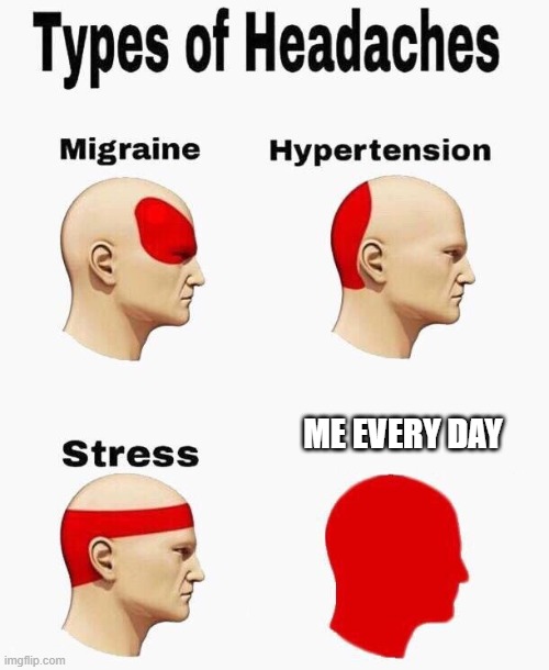 types of headaches | ME EVERY DAY | image tagged in types of headaches meme,headache | made w/ Imgflip meme maker