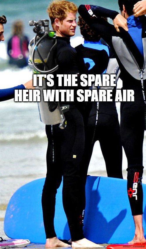 Spare Heir w/ Spare Air | IT'S THE SPARE HEIR WITH SPARE AIR | image tagged in harry,prince harry | made w/ Imgflip meme maker