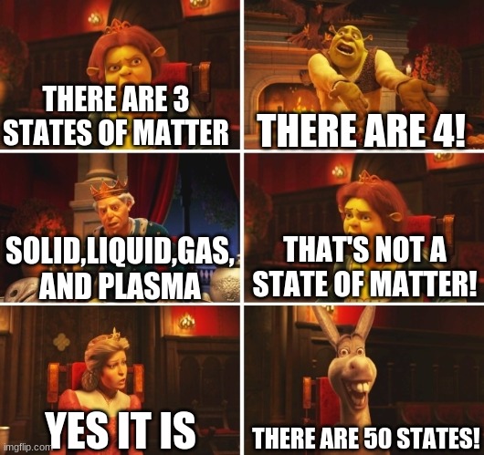 he not wrong tho | THERE ARE 3 STATES OF MATTER; THERE ARE 4! THAT'S NOT A STATE OF MATTER! SOLID,LIQUID,GAS, AND PLASMA; THERE ARE 50 STATES! YES IT IS | image tagged in shrek fiona harold donkey | made w/ Imgflip meme maker