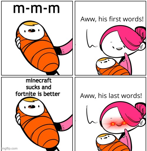 Aww, His Last Words | m-m-m; minecraft sucks and fortnite is better | image tagged in aww his last words | made w/ Imgflip meme maker