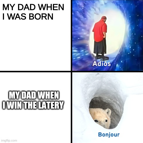 bonjour | MY DAD WHEN I WAS BORN; MY DAD WHEN I WIN THE LATERY | image tagged in adios bonjour | made w/ Imgflip meme maker