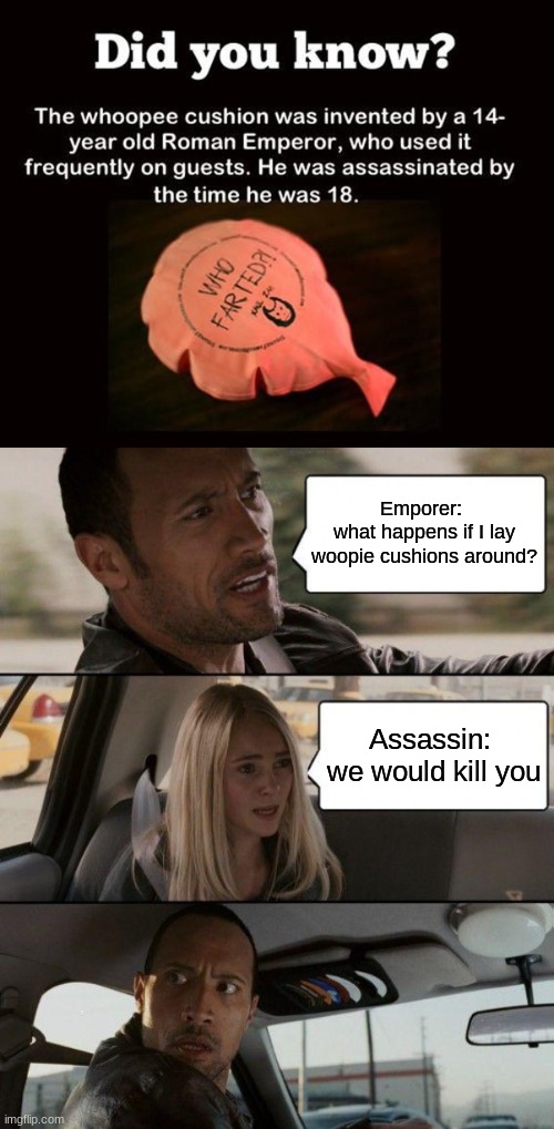 fun fact of the day | Emporer: 
what happens if I lay woopie cushions around? Assassin: 
we would kill you | image tagged in memes,the rock driving | made w/ Imgflip meme maker