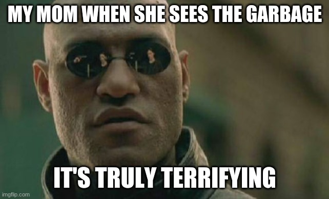 Matrix Morpheus | MY MOM WHEN SHE SEES THE GARBAGE; IT'S TRULY TERRIFYING | image tagged in memes,matrix morpheus | made w/ Imgflip meme maker