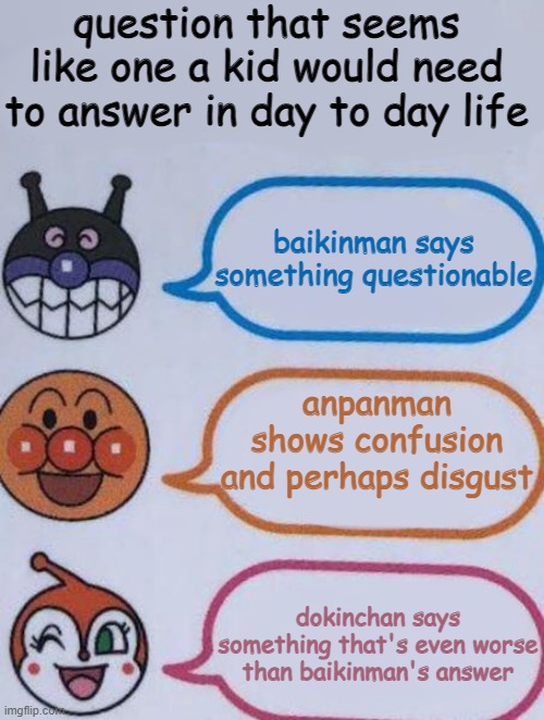 anpanman meme expample (personal fun template for friends) | question that seems like one a kid would need to answer in day to day life; baikinman says something questionable; anpanman shows confusion and perhaps disgust; dokinchan says something that's even worse than baikinman's answer | image tagged in anpanman,baikinman,dokinchan,you've got to be kidding me arthur | made w/ Imgflip meme maker