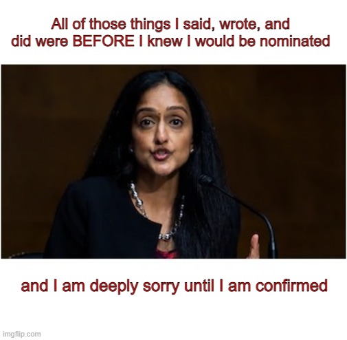 Nominee Gupta | All of those things I said, wrote, and did were BEFORE I knew I would be nominated; and I am deeply sorry until I am confirmed | image tagged in senate,gupta | made w/ Imgflip meme maker
