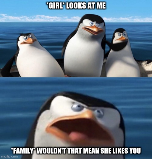 Wouldn't that make you | *GIRL* LOOKS AT ME; *FAMILY* WOULDN'T THAT MEAN SHE LIKES YOU | image tagged in wouldn't that make you | made w/ Imgflip meme maker