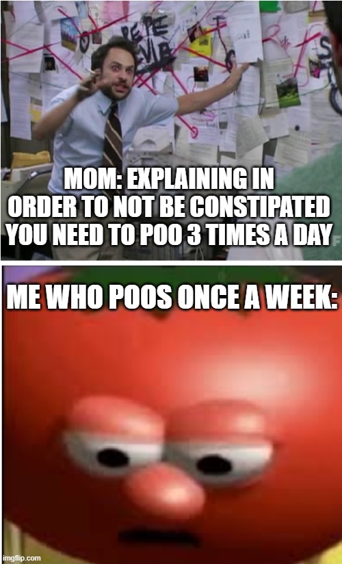 oh no | MOM: EXPLAINING IN ORDER TO NOT BE CONSTIPATED YOU NEED TO POO 3 TIMES A DAY; ME WHO POOS ONCE A WEEK: | image tagged in sad tomato | made w/ Imgflip meme maker
