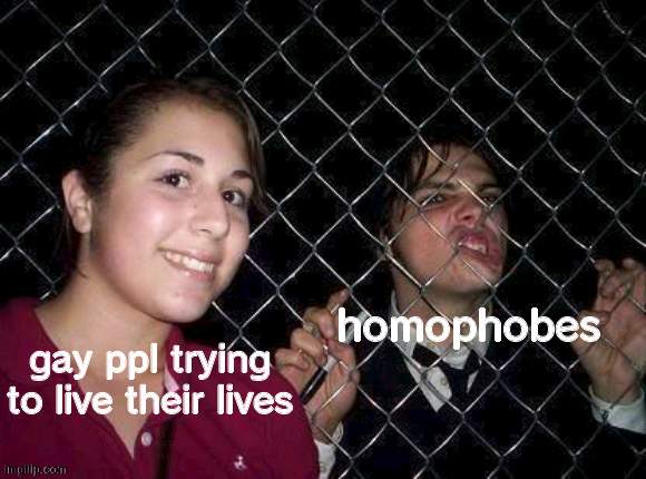 Gerard Way fence | homophobes; gay ppl trying to live their lives | image tagged in gerard way fence | made w/ Imgflip meme maker