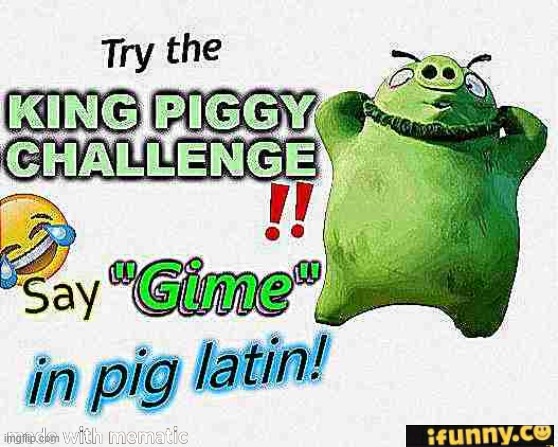 haha I pranked this on my family who doesn't know pig latin. They are so confused!! | image tagged in challenge,angry birds,king piggy | made w/ Imgflip meme maker