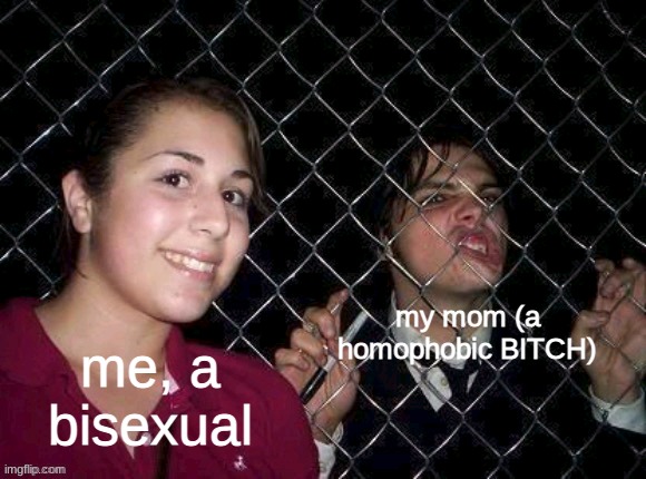 Gerard Way fence | me, a bisexual my mom (a homophobic BITCH) | image tagged in gerard way fence | made w/ Imgflip meme maker