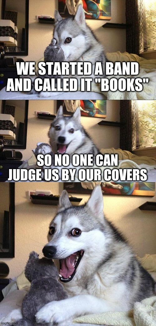 Bad Pun Dog | WE STARTED A BAND AND CALLED IT "BOOKS"; SO NO ONE CAN JUDGE US BY OUR COVERS | image tagged in memes,bad pun dog | made w/ Imgflip meme maker