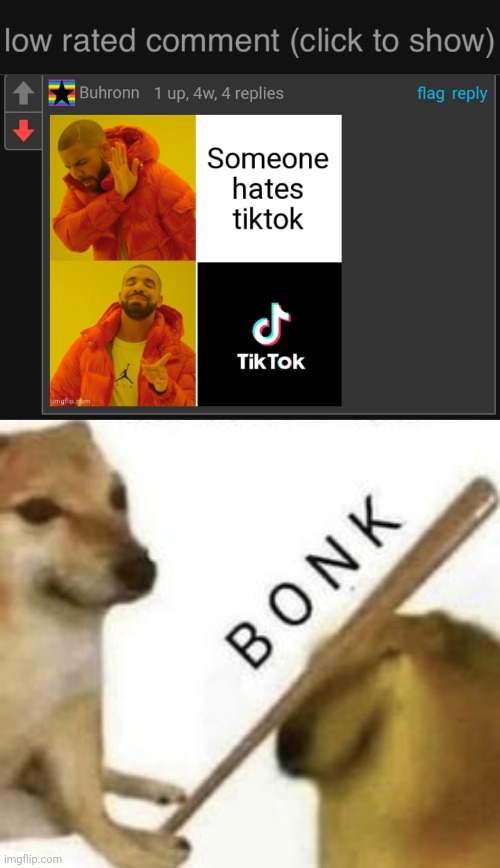 WTF MAN, TIKTOK IS GARBAGE! | image tagged in low rated comment dark mode version,bonk | made w/ Imgflip meme maker