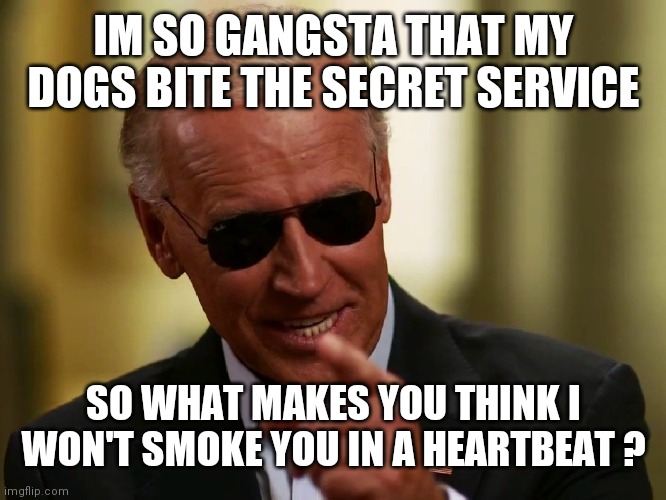 Bad Bad Leroy Biden | IM SO GANGSTA THAT MY DOGS BITE THE SECRET SERVICE; SO WHAT MAKES YOU THINK I WON'T SMOKE YOU IN A HEARTBEAT ? | image tagged in cool joe biden | made w/ Imgflip meme maker