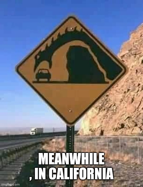 Loch Ness warning | MEANWHILE , IN CALIFORNIA | image tagged in loch ness warning | made w/ Imgflip meme maker