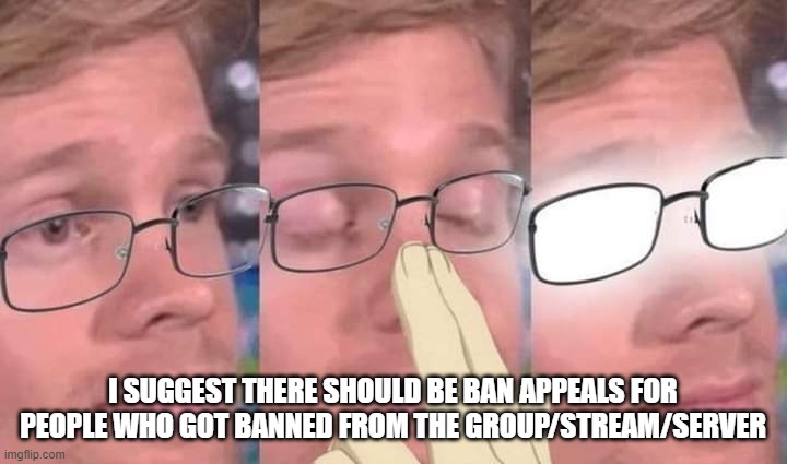 just a suggestion. You may have your opinions about it in here. | I SUGGEST THERE SHOULD BE BAN APPEALS FOR PEOPLE WHO GOT BANNED FROM THE GROUP/STREAM/SERVER | image tagged in anime glasses meme | made w/ Imgflip meme maker