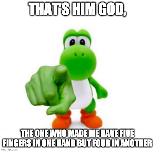 Pointing Yoshi | THAT'S HIM GOD, THE ONE WHO MADE ME HAVE FIVE FINGERS IN ONE HAND BUT FOUR IN ANOTHER | image tagged in pointing yoshi | made w/ Imgflip meme maker