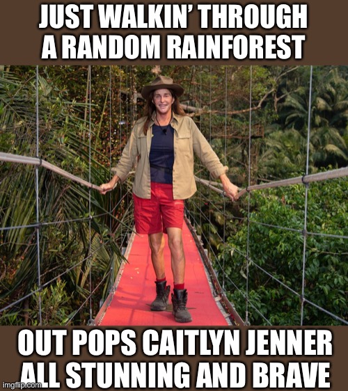 STUNNING AND BRAVE | JUST WALKIN’ THROUGH A RANDOM RAINFOREST; OUT POPS CAITLYN JENNER ALL STUNNING AND BRAVE | image tagged in ljherr | made w/ Imgflip meme maker
