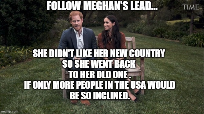 Go back to where you came from. | FOLLOW MEGHAN'S LEAD... SHE DIDN'T LIKE HER NEW COUNTRY 
SO SHE WENT BACK 
TO HER OLD ONE .
IF ONLY MORE PEOPLE IN THE USA WOULD
BE SO INCLINED. | image tagged in meghan and harry,love it or leave it,haters gonna hate,rich privilege,arrogance,british royals | made w/ Imgflip meme maker