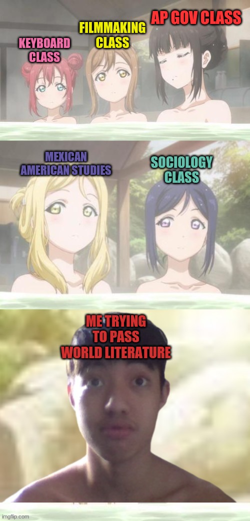 School issues! | AP GOV CLASS; FILMMAKING CLASS; KEYBOARD CLASS; MEXICAN AMERICAN STUDIES; SOCIOLOGY CLASS; ME TRYING TO PASS WORLD LITERATURE | image tagged in school idols in the hot springs staring at my nervousness | made w/ Imgflip meme maker
