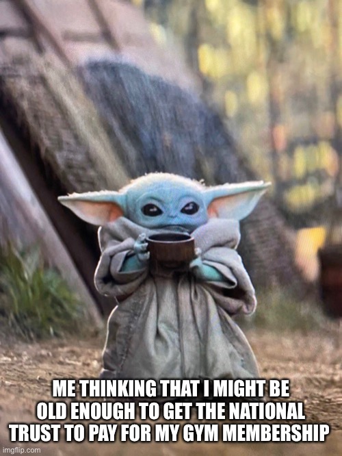 BABY YODA TEA | ME THINKING THAT I MIGHT BE OLD ENOUGH TO GET THE NATIONAL TRUST TO PAY FOR MY GYM MEMBERSHIP | image tagged in baby yoda tea | made w/ Imgflip meme maker