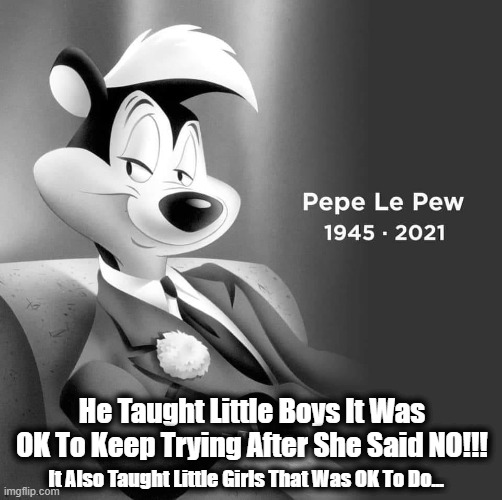 Pepe Le Pew | He Taught Little Boys It Was OK To Keep Trying After She Said NO!!! It Also Taught Little Girls That Was OK To Do... | image tagged in cancel culture,pepe le pew | made w/ Imgflip meme maker