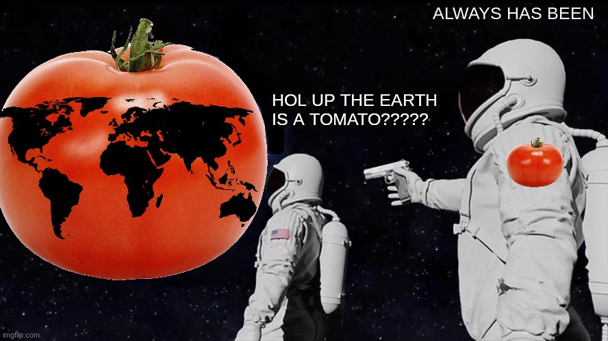 Earth is a tomotao | ALWAYS HAS BEEN; HOL UP THE EARTH 
IS A TOMATO????? | image tagged in funny memes | made w/ Imgflip meme maker