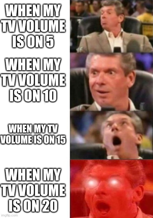 Mr. McMahon reaction | WHEN MY TV VOLUME IS ON 5; WHEN MY TV VOLUME IS ON 10; WHEN MY TV VOLUME IS ON 15; WHEN MY TV VOLUME IS ON 20 | image tagged in mr mcmahon reaction | made w/ Imgflip meme maker
