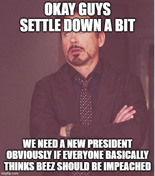 And a new law: You can't vote in election if you have not been in stream for 2 weeks | OKAY GUYS SETTLE DOWN A BIT; WE NEED A NEW PRESIDENT OBVIOUSLY IF EVERYONE BASICALLY THINKS BEEZ SHOULD BE IMPEACHED | image tagged in memes,face you make robert downey jr,law | made w/ Imgflip meme maker