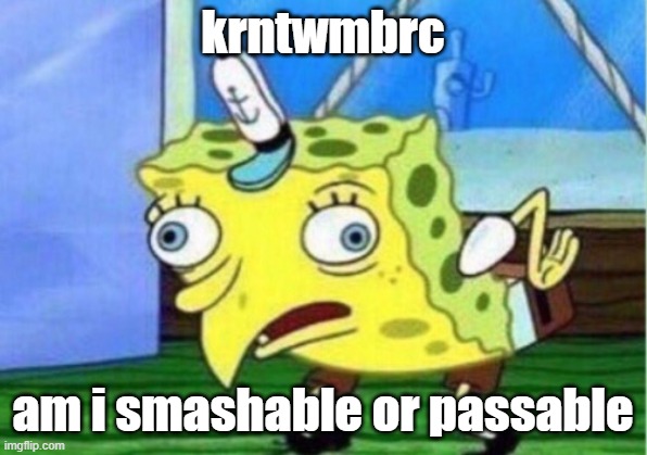 Mocking Spongebob | krntwmbrc; am i smashable or passable | image tagged in memes,mocking spongebob | made w/ Imgflip meme maker