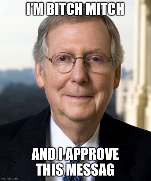 Bitch Mitch | I’M BITCH MITCH; AND I APPROVE THIS MESSAG | image tagged in mitch mcconnel | made w/ Imgflip meme maker