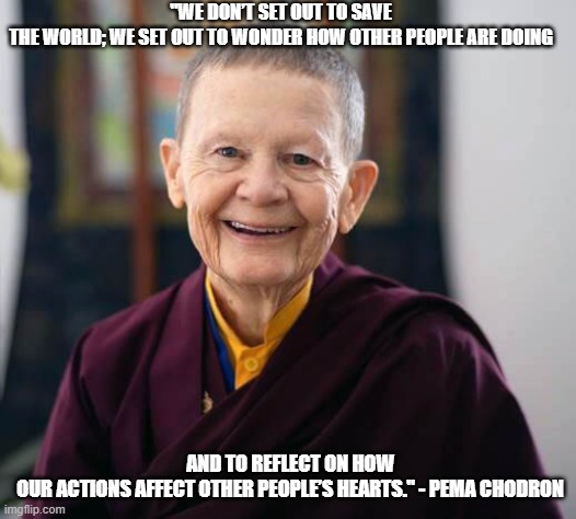 Pema Chodron | "WE DON’T SET OUT TO SAVE THE WORLD; WE SET OUT TO WONDER HOW OTHER PEOPLE ARE DOING; AND TO REFLECT ON HOW OUR ACTIONS AFFECT OTHER PEOPLE’S HEARTS." - PEMA CHODRON | image tagged in pema chodron | made w/ Imgflip meme maker