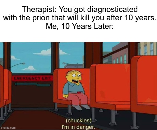 My Grandma was killed by Prion in 2014, she got it in 2004 | Therapist: You got diagnosticated with the prion that will kill you after 10 years.
Me, 10 Years Later: | image tagged in i'm in danger blank place above | made w/ Imgflip meme maker