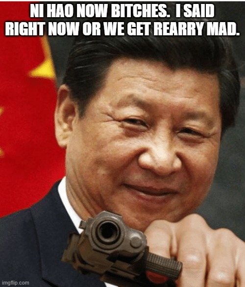 Xi Jinping | NI HAO NOW BITCHES.  I SAID RIGHT NOW OR WE GET REARRY MAD. | image tagged in xi jinping | made w/ Imgflip meme maker
