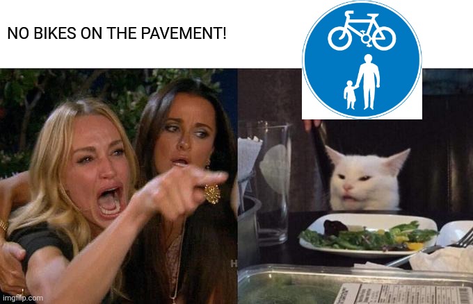 Woman Yelling At Cat Meme | NO BIKES ON THE PAVEMENT! | image tagged in memes,woman yelling at cat | made w/ Imgflip meme maker