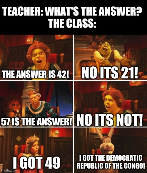 Meme | TEACHER: WHAT'S THE ANSWER?
THE CLASS:; THE ANSWER IS 42! NO ITS 21! 57 IS THE ANSWER! NO ITS NOT! I GOT THE DEMOCRATIC REPUBLIC OF THE CONGO! I GOT 49 | image tagged in shrek fiona harold donkey | made w/ Imgflip meme maker