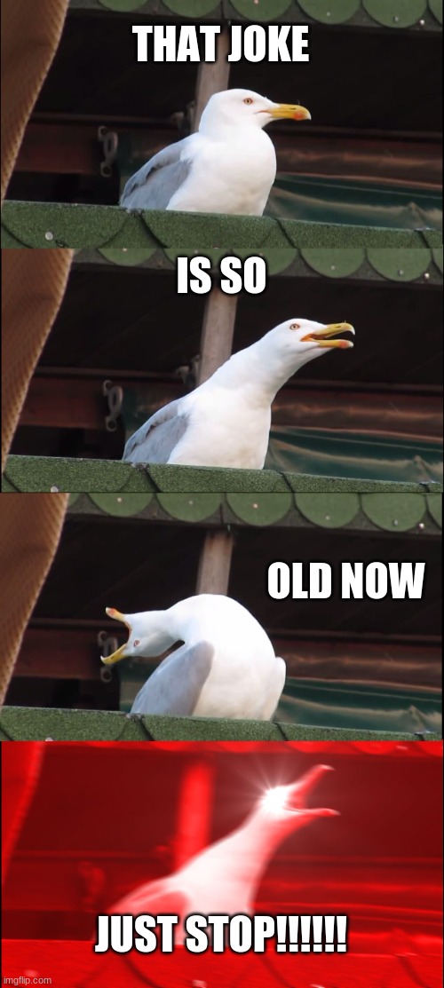 THAT JOKE IS SO OLD NOW JUST STOP!!!!!! | image tagged in memes,inhaling seagull | made w/ Imgflip meme maker