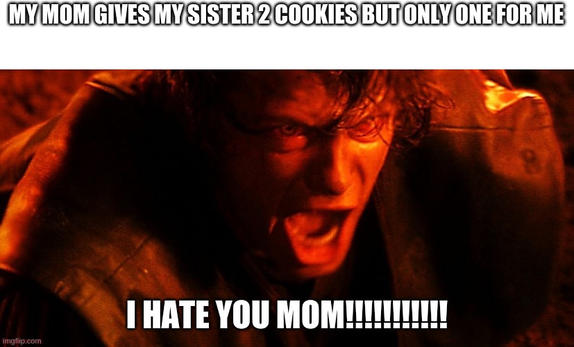 Anakin I Hate You | MY MOM GIVES MY SISTER 2 COOKIES BUT ONLY ONE FOR ME; I HATE YOU MOM!!!!!!!!!!! | image tagged in anakin i hate you | made w/ Imgflip meme maker