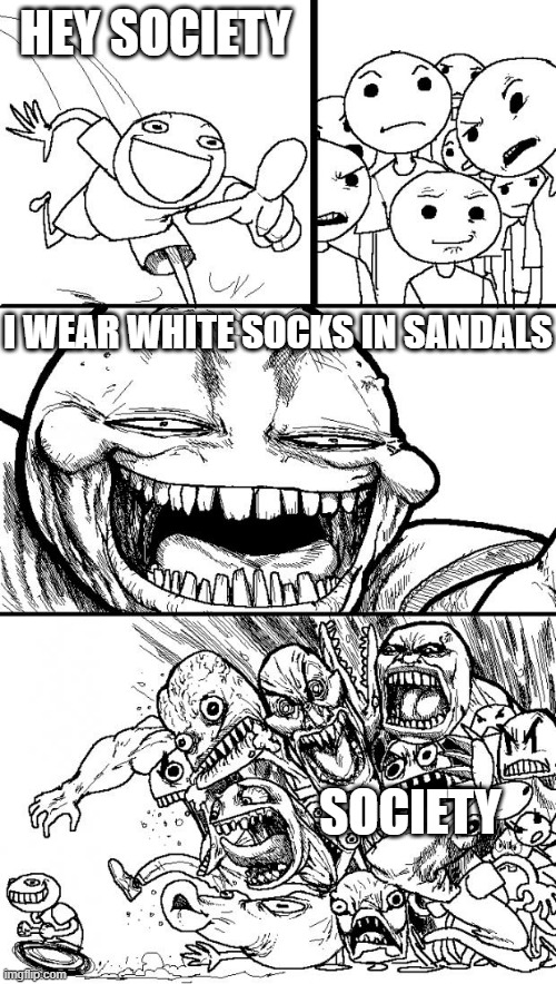 Litterally true | HEY SOCIETY; I WEAR WHITE SOCKS IN SANDALS; SOCIETY | image tagged in memes,hey internet | made w/ Imgflip meme maker