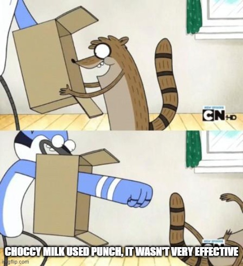 Mordecai Punches Rigby Through a Box | CHOCCY MILK USED PUNCH, IT WASN'T VERY EFFECTIVE | image tagged in mordecai punches rigby through a box | made w/ Imgflip meme maker