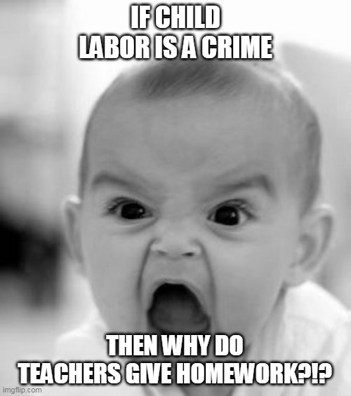 Teachers should be arrested... | IF CHILD LABOR IS A CRIME; THEN WHY DO TEACHERS GIVE HOMEWORK?!? | image tagged in memes,angry baby | made w/ Imgflip meme maker