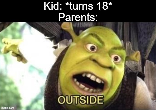OUTSIDE | Kid: *turns 18*
Parents: | image tagged in shrek outside,memes | made w/ Imgflip meme maker