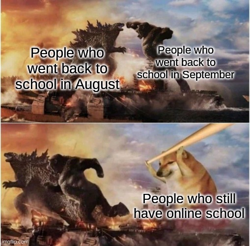 Which one are you- August, September, or still virtual? | People who went back to school in September; People who went back to school in August; People who still have online school | image tagged in kong godzilla doge | made w/ Imgflip meme maker