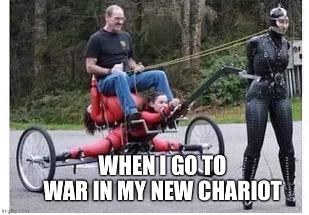Kinky War Chariot | WHEN I GO TO WAR IN MY NEW CHARIOT | image tagged in funny,kinky | made w/ Imgflip meme maker