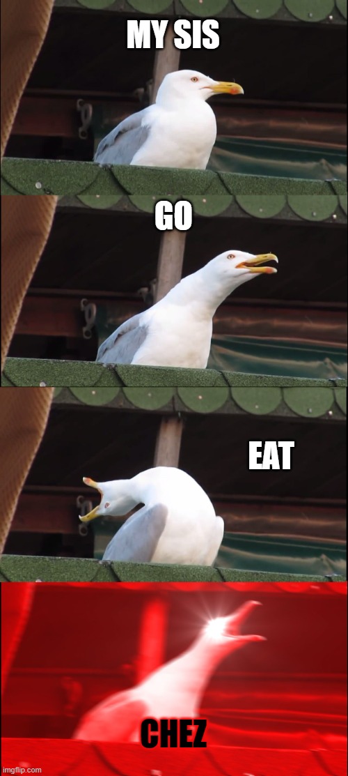 Inhaling Seagull Meme | MY SIS; GO; EAT; CHEZ | image tagged in memes,inhaling seagull | made w/ Imgflip meme maker