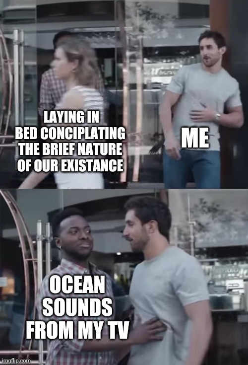 Bro, Not Cool. | ME; LAYING IN BED CONCIPLATING THE BRIEF NATURE OF OUR EXISTANCE; OCEAN SOUNDS FROM MY TV | image tagged in bro not cool | made w/ Imgflip meme maker