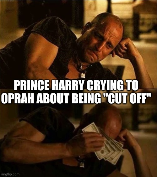 Prince harry is a cuck |  PRINCE HARRY CRYING TO OPRAH ABOUT BEING "CUT OFF" | image tagged in zombieland money tears,prince harry,meghan markle,crying | made w/ Imgflip meme maker