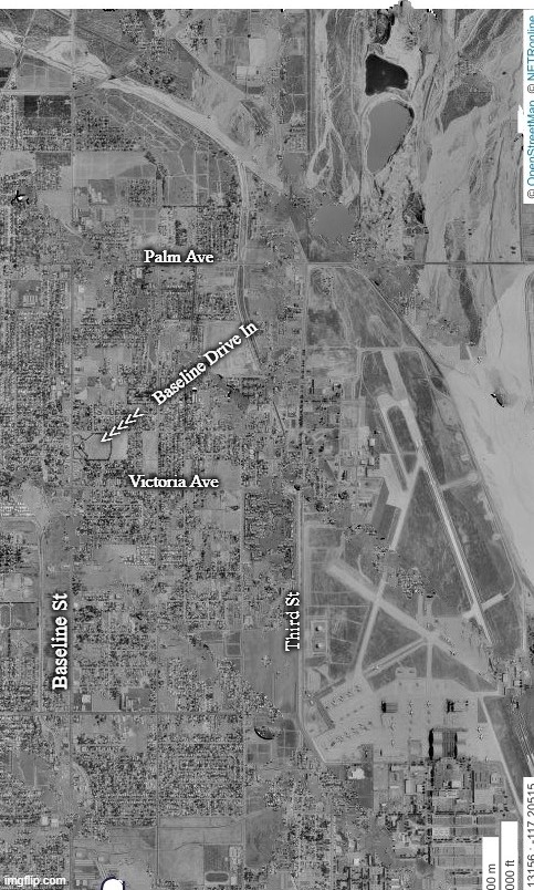 Norton Air Force Base | Palm Ave; <<<<<    Baseline Drive In; Victoria Ave; Third St; Baseline St | image tagged in military,aerial,san bernardino,highland | made w/ Imgflip meme maker